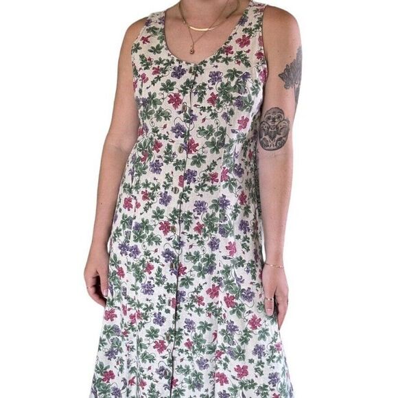 Vintage Woolrich Womens Linen Blend Floral Lagenlook Maxi Hippie Dress Sz M - Picture 6 of 8